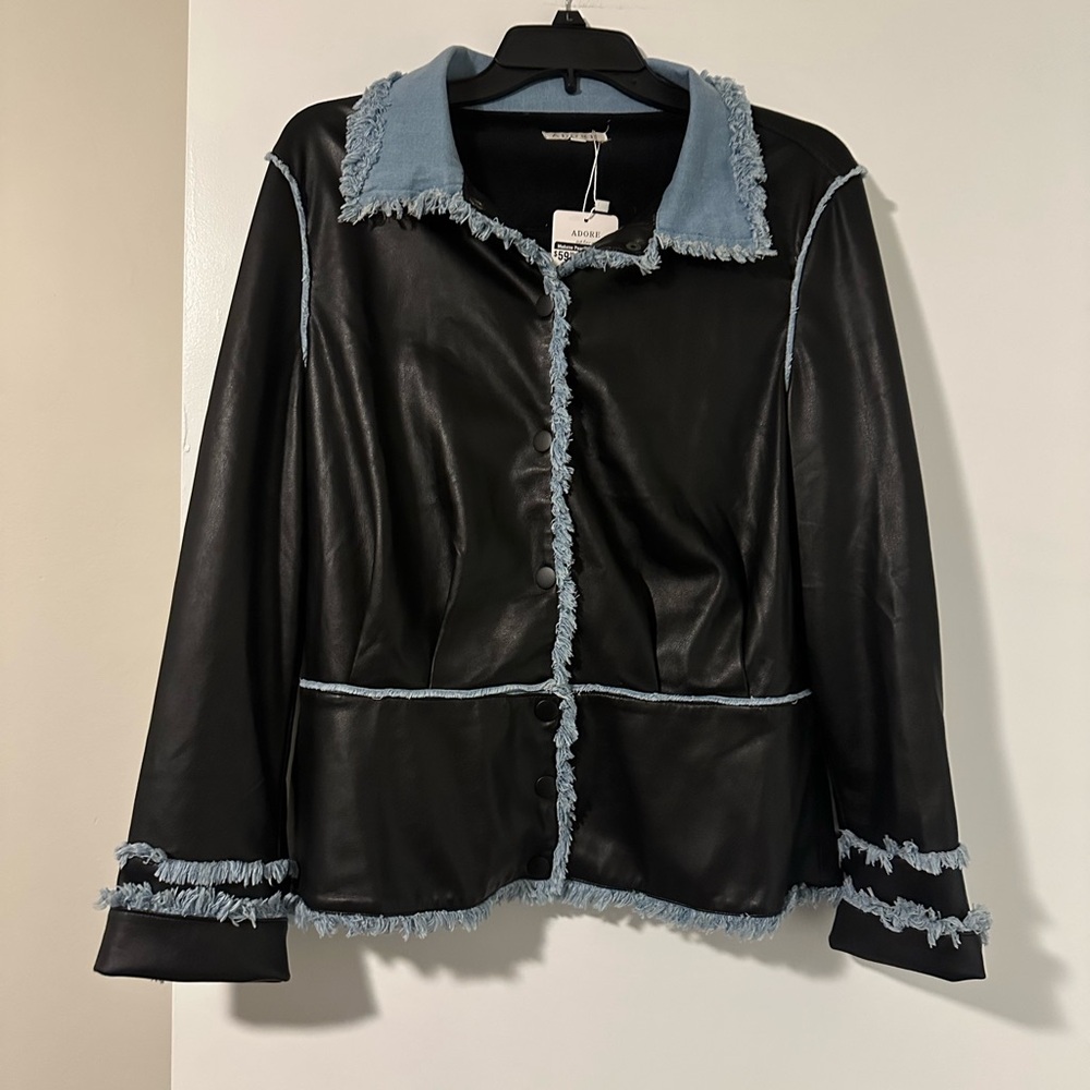 NWT Black Faux Leather w/ Blue Denim Accent Women's Size Large Jacket